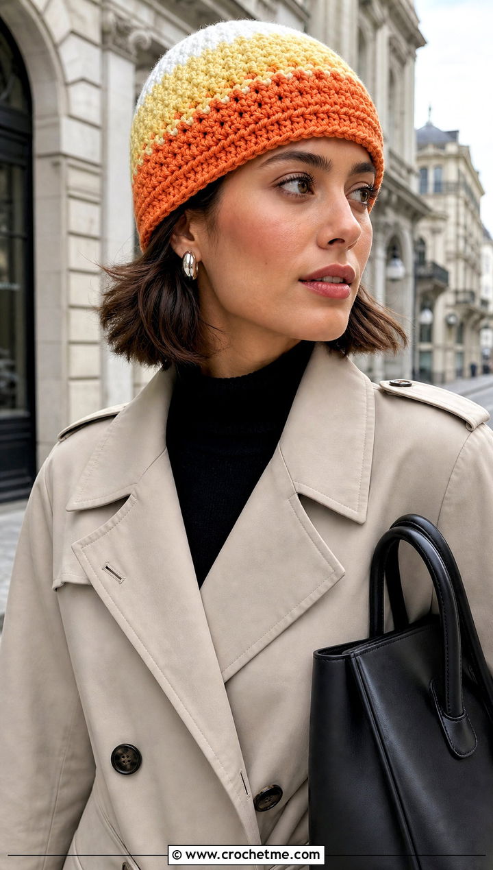 Fisherman Candy Corn Crochet Beanie With Trench Coat - 15 candy corn crochet beanie outfit ideas