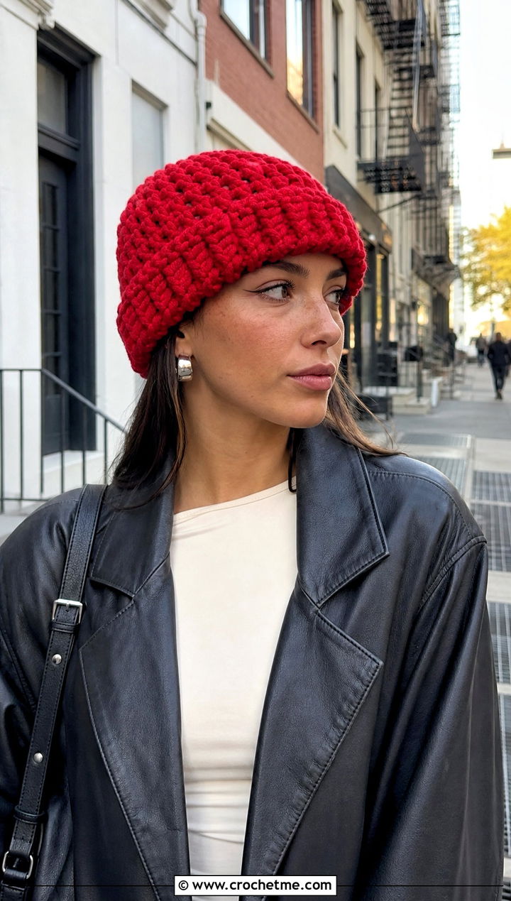 Fisherman Chenille Beanie With Leather Jacket - 30 crochet chenille hat outfit ideas