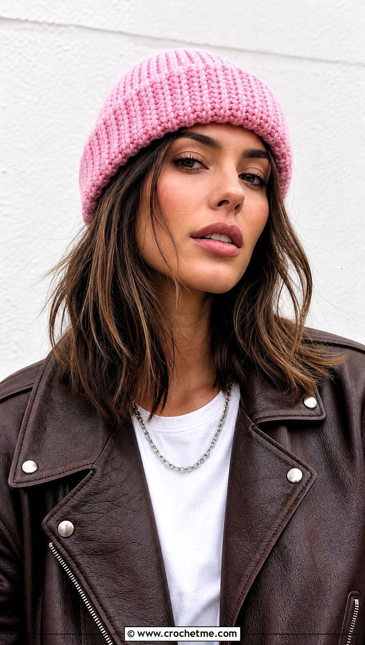 Fisherman Chunky Beanie With Leather Jacket - 35 crochet chunky beanie outfit ideas