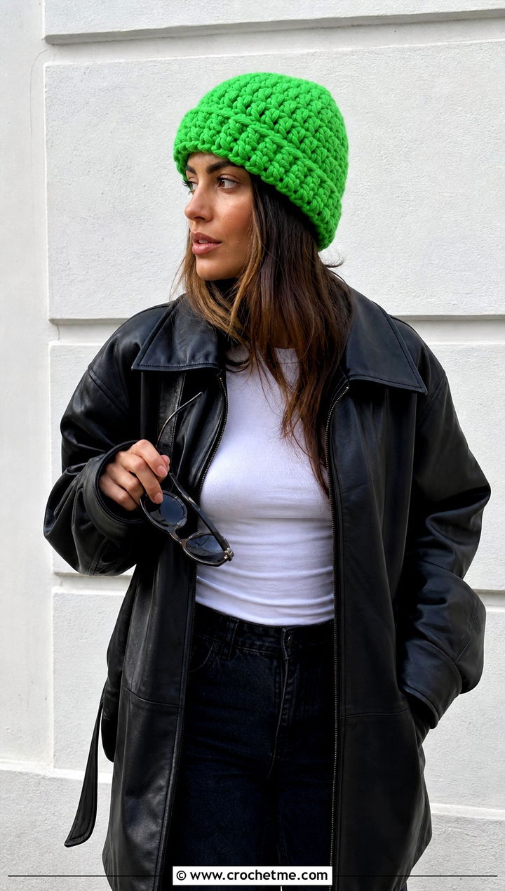 Fisherman Chunky Crochet Beanie With Leather Jacket - 15 Simple Chunky Crochet Hat outfit ideas