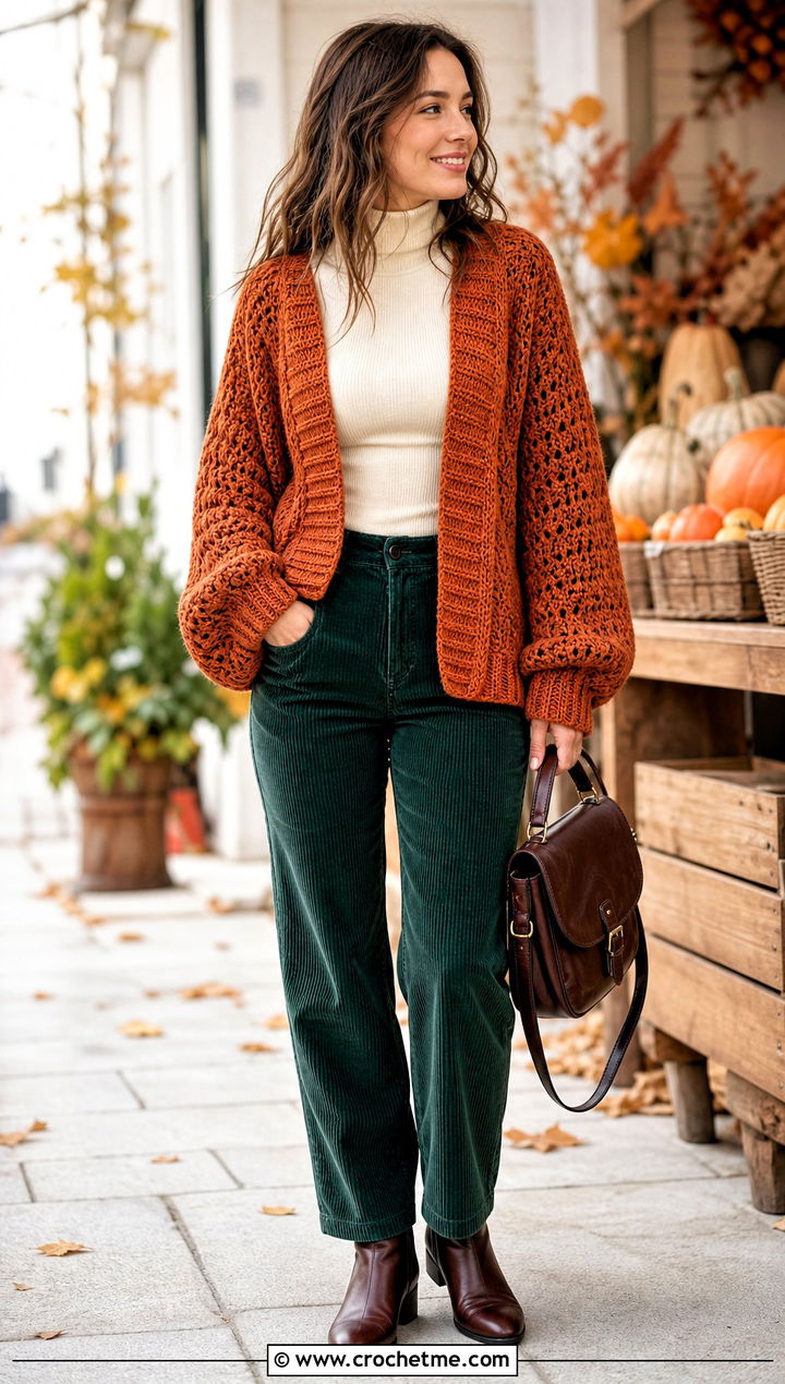 Fisherman Crochet Balloon Sleeve Cardigan With Corduroy Pants - 30 crochet balloon sleeve cardigan outfit ideas