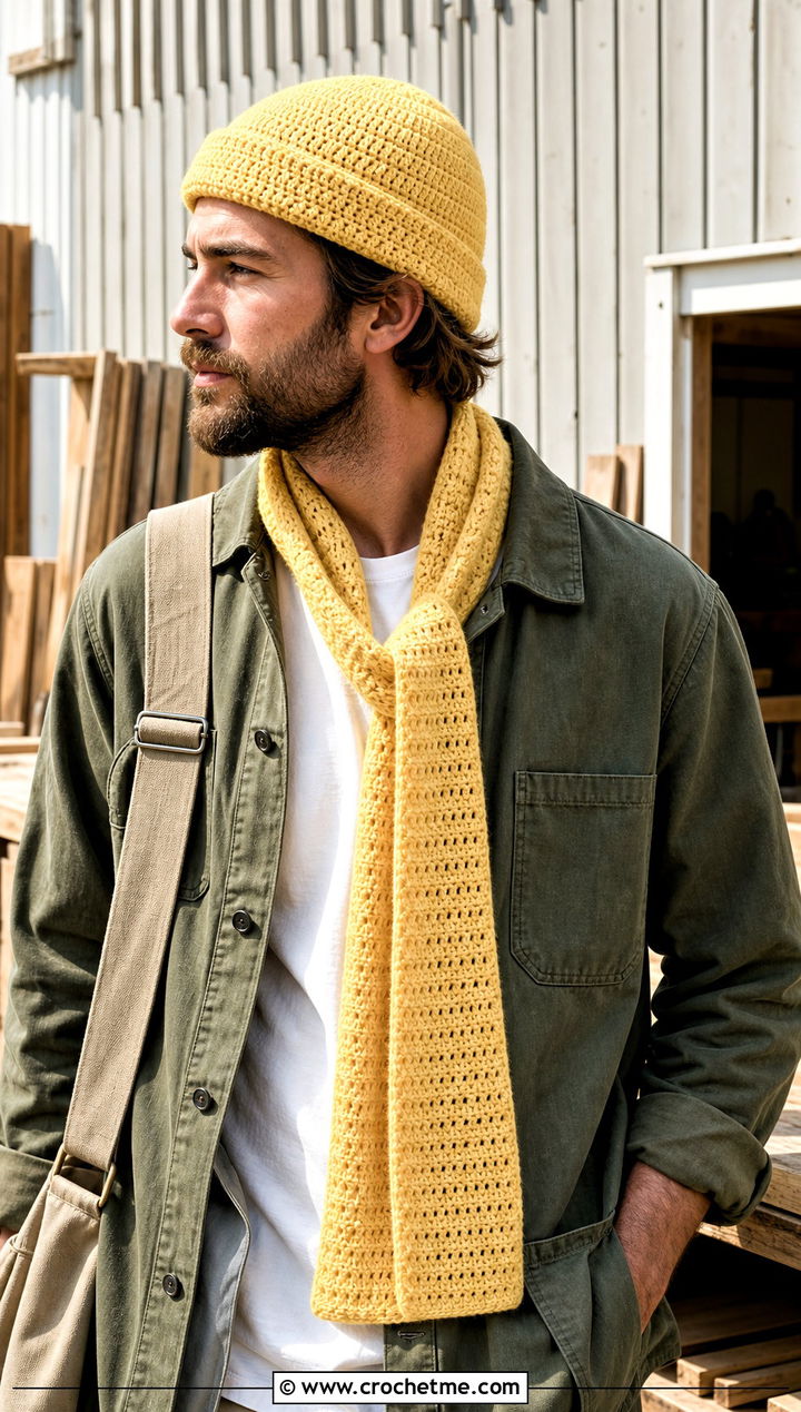 Fisherman Crochet Beanie And Narrow Scarf With Chore Jacket - 20 Crochet Mens Hat And Scarf outfit ideas