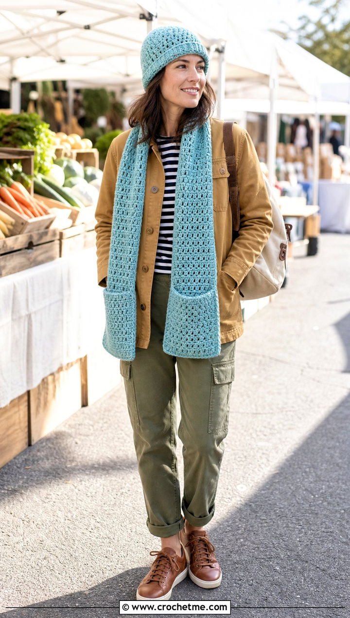 Fisherman Crochet Beanie And Pocket Scarf With Chore Jacket - 35 crochet hat and scarf set outfit ideas