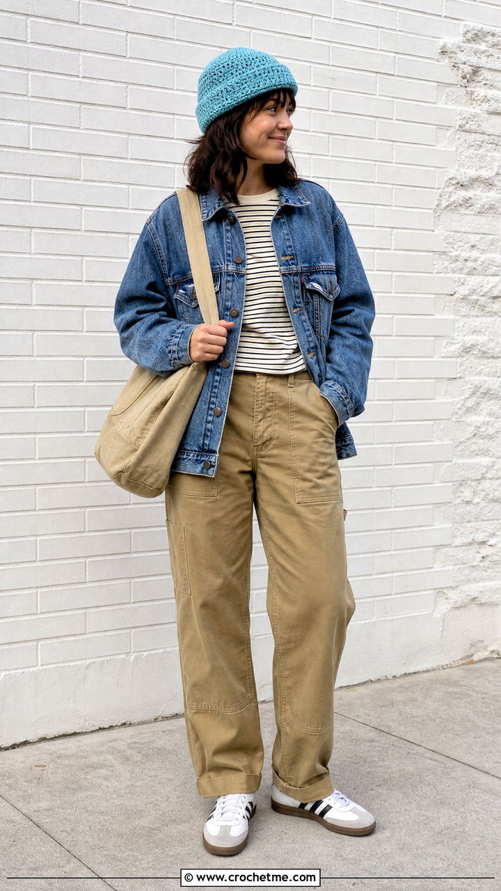 Fisherman Crochet Beanie With A Denim Jacket - 35 easy crochet hats outfit ideas