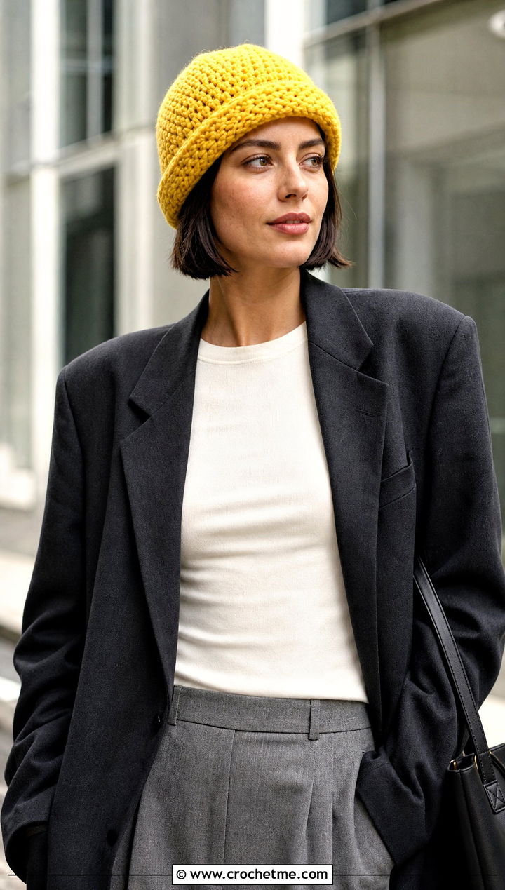 Fisherman Crochet Beanie With Blazer - 25 Women Crochet Beanie outfit ideas