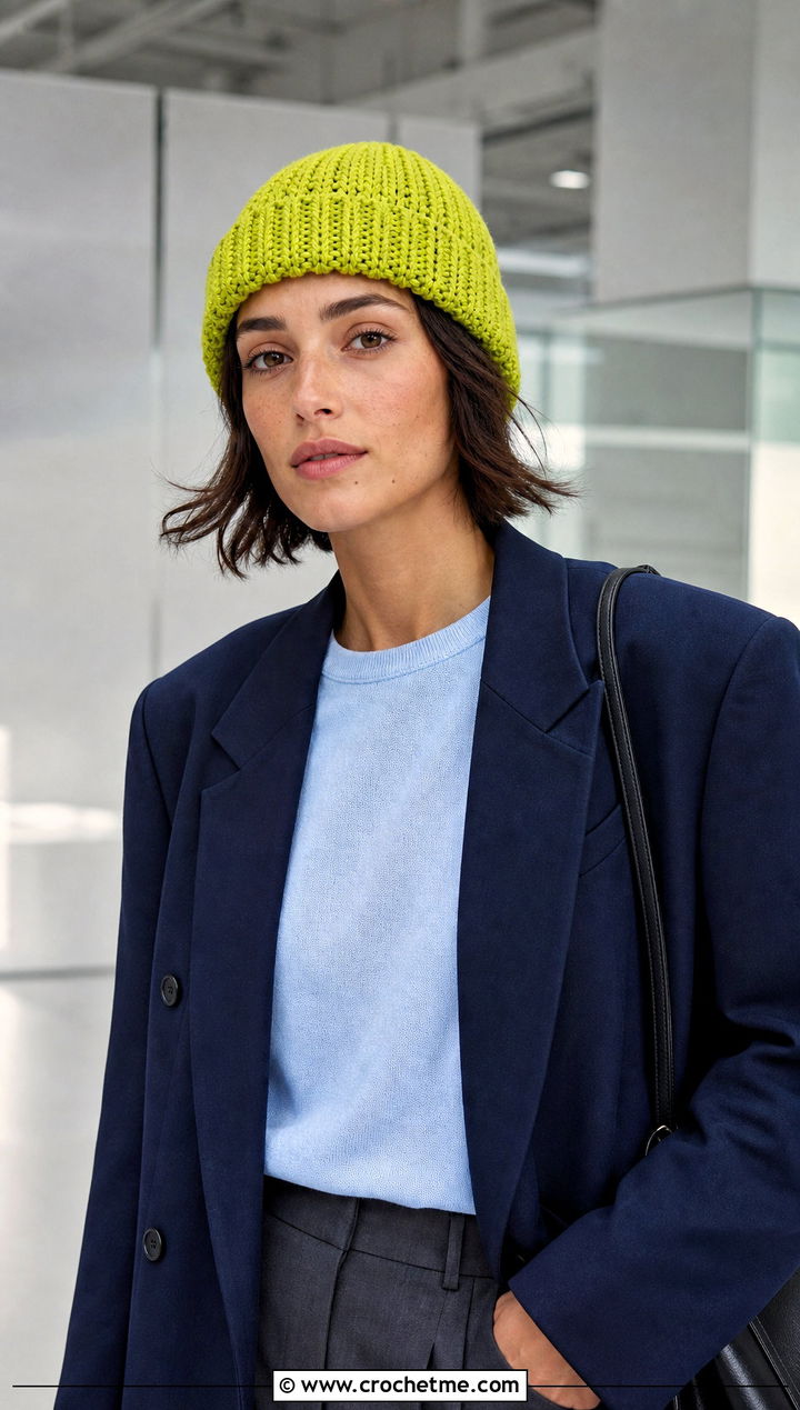 Fisherman Crochet Beanie With Blazer And Trousers - 30 knit look crochet beanie outfit ideas