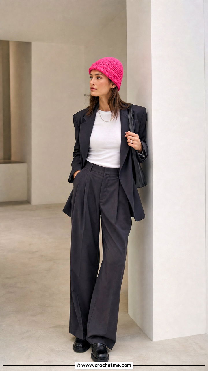 Fisherman Crochet Beanie With Blazer And Trousers - 35 crochet beanies outfit ideas