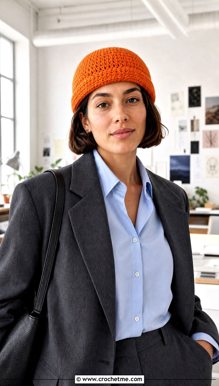 Fisherman Crochet Beanie With Blazer And Trousers - 25 Easy Crochet Hats For Beginners outfit ideas