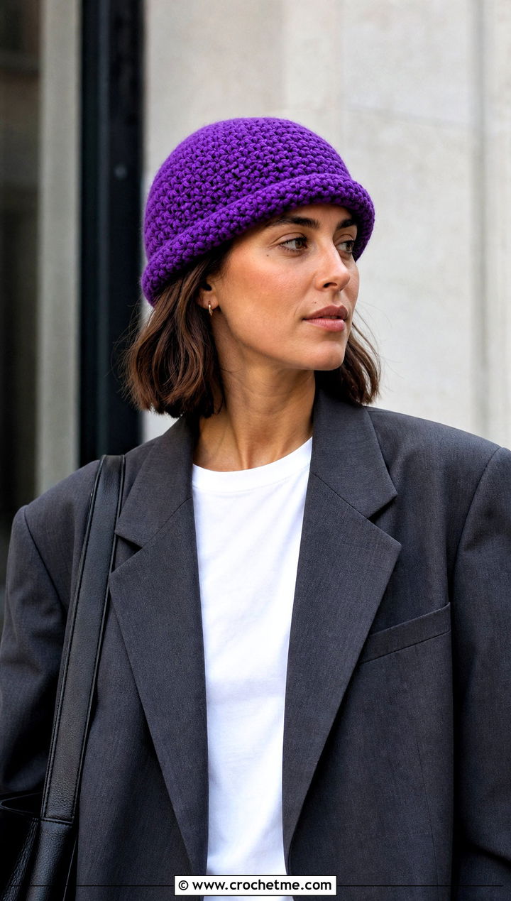 Fisherman Crochet Beanie With Blazer And Wide Leg Trousers - 15 Crochet Woolly Hat outfit ideas