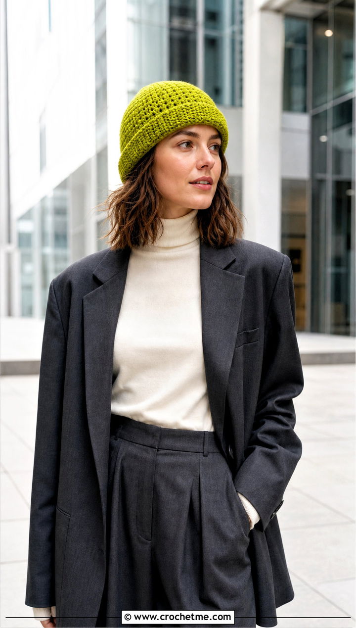 Fisherman Crochet Beanie With Blazer and Wide Leg Trousers - 15 Crochet Warm Winter Hat outfit ideas