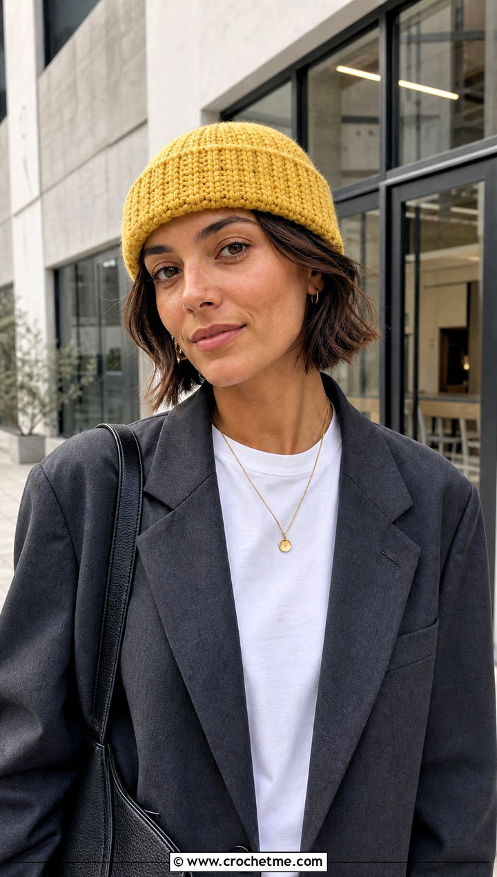 Fisherman Crochet Beanie With Blazer - 30 Quick Crochet Beanie outfit ideas
