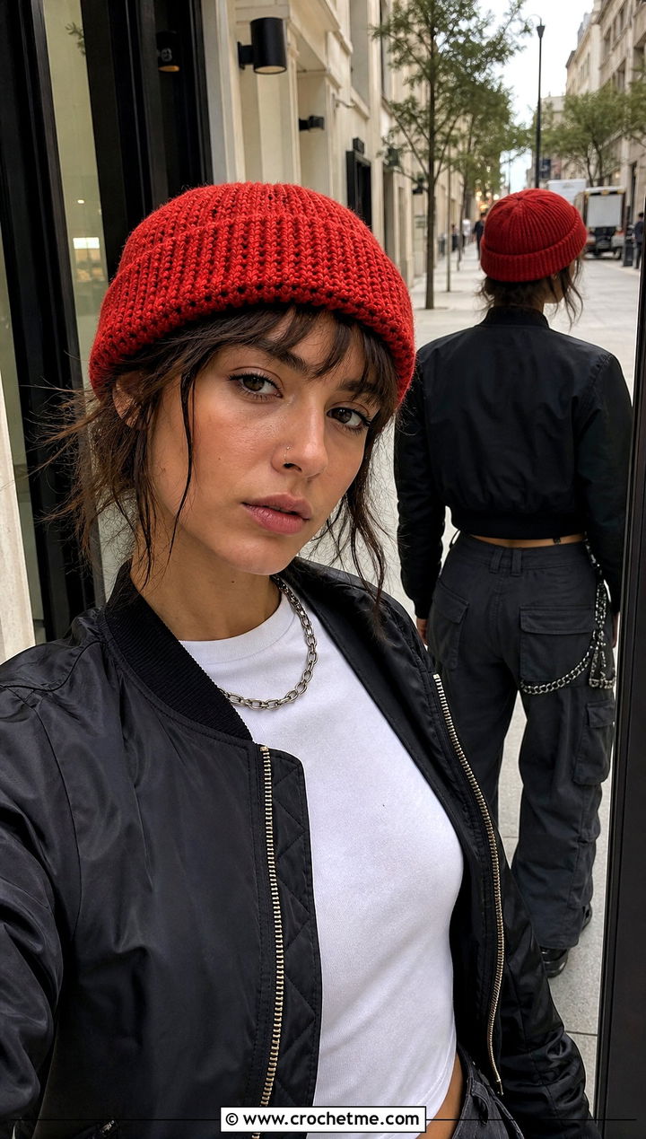 Fisherman Crochet Beanie With Bomber And Cargo Pants - 25 Taylor Swift Crochet Hat outfit ideas
