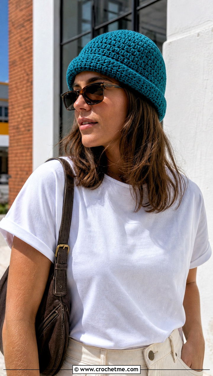 Fisherman Crochet Beanie With Boxy Tee And Carpenter Jeans - 30 summer crochet beanie outfit ideas