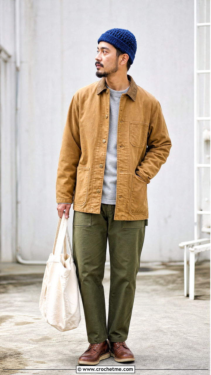 Fisherman Crochet Beanie With Chore Coat - 35 men's crochet beanie outfit ideas