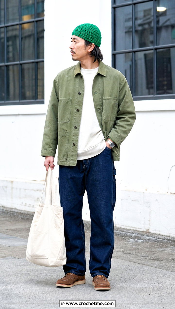 Fisherman Crochet Beanie With Chore Coat - 35 mens crochet hat outfit ideas