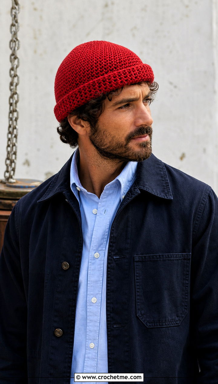 Fisherman Crochet Beanie With Chore Coat - 25 easy crochet beanie for men outfit ideas