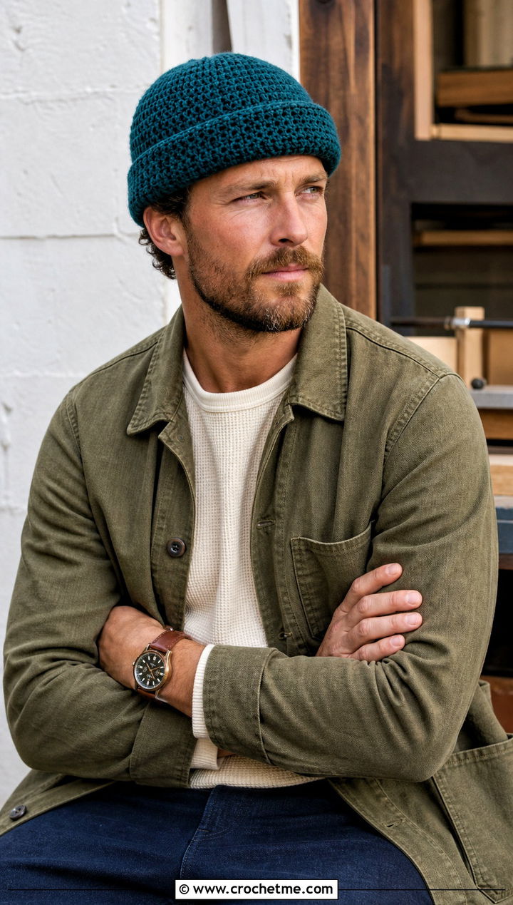 Fisherman Crochet Beanie With Chore Coat - 25 easy men's crochet beanie outfit ideas