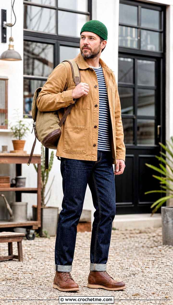 Fisherman Crochet Beanie With Chore Coat - 35 crochet hats men outfit ideas