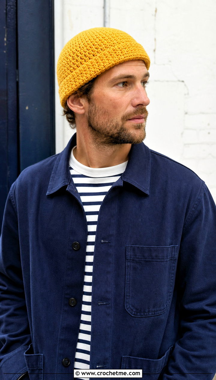 Fisherman Crochet Beanie With Chore Jacket - 30 men crochet hat outfit ideas