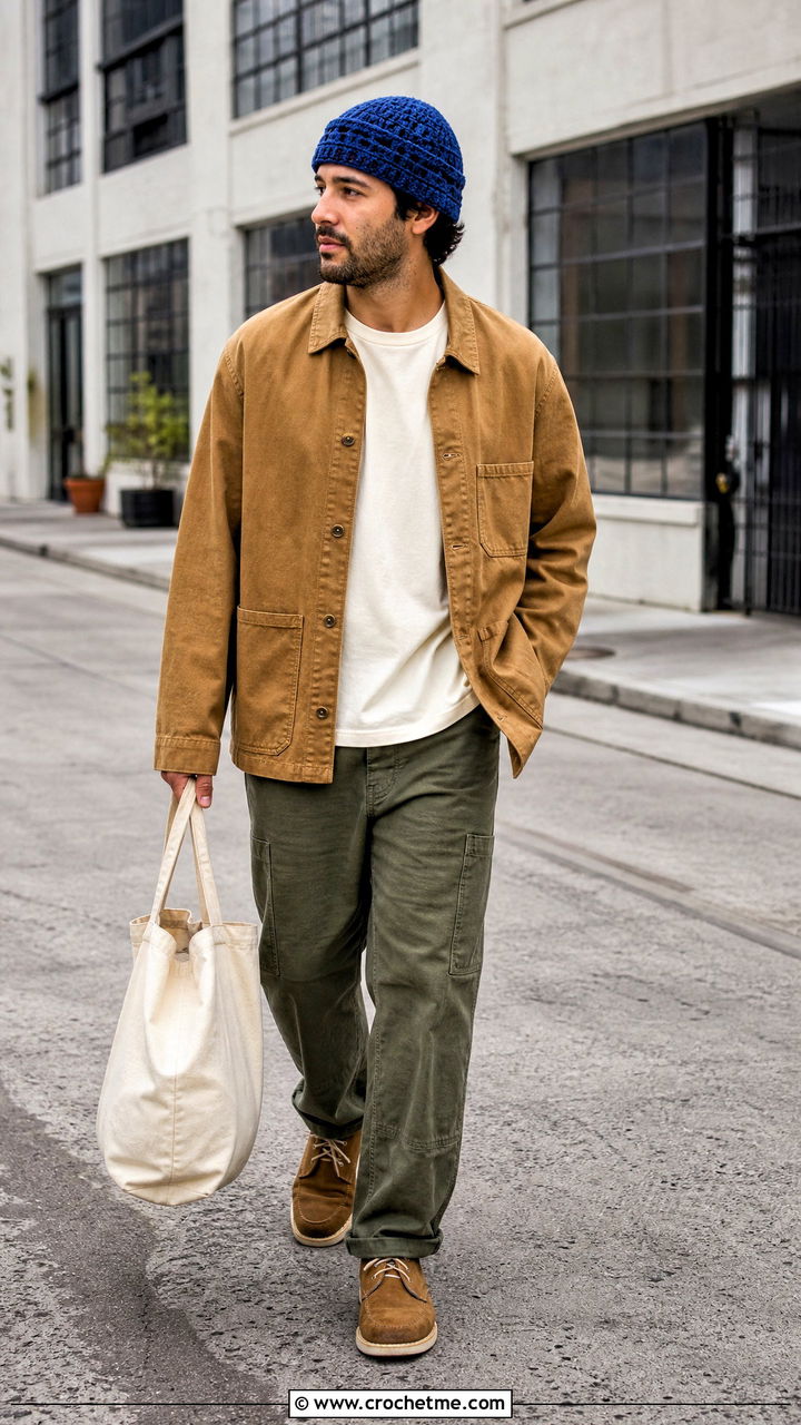 Fisherman Crochet Beanie With Chore Jacket - 35 crochet hats for men outfit ideas