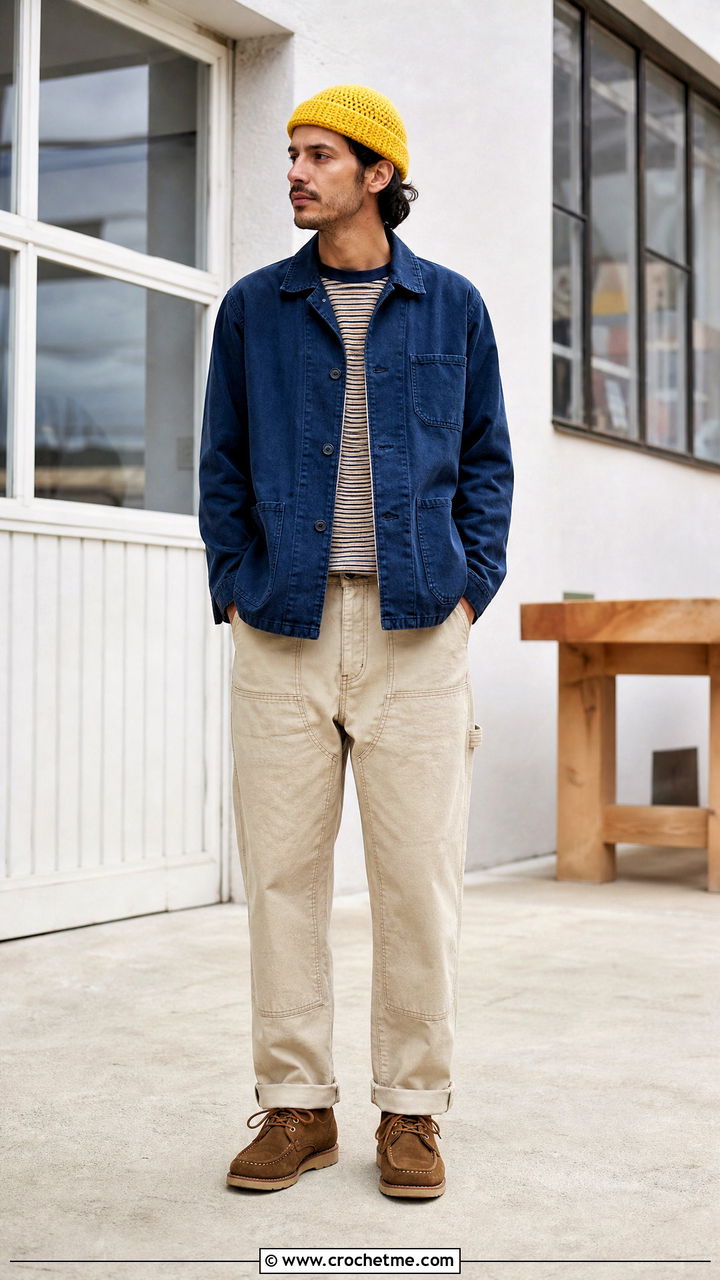 Fisherman Crochet Beanie With Chore Jacket And Work Pants - 35 crochet hat for men outfit ideas