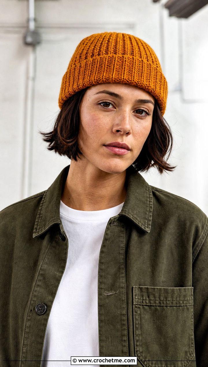 Fisherman Crochet Beanie With Chore Jacket - 30 hats to crochet outfit ideas