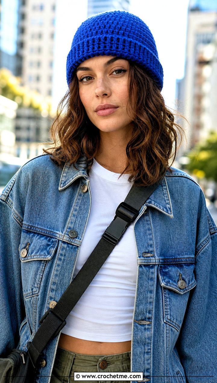 Fisherman Crochet Beanie With Denim Jacket And Cargo Pants - 20 classic crochet beanie outfit ideas