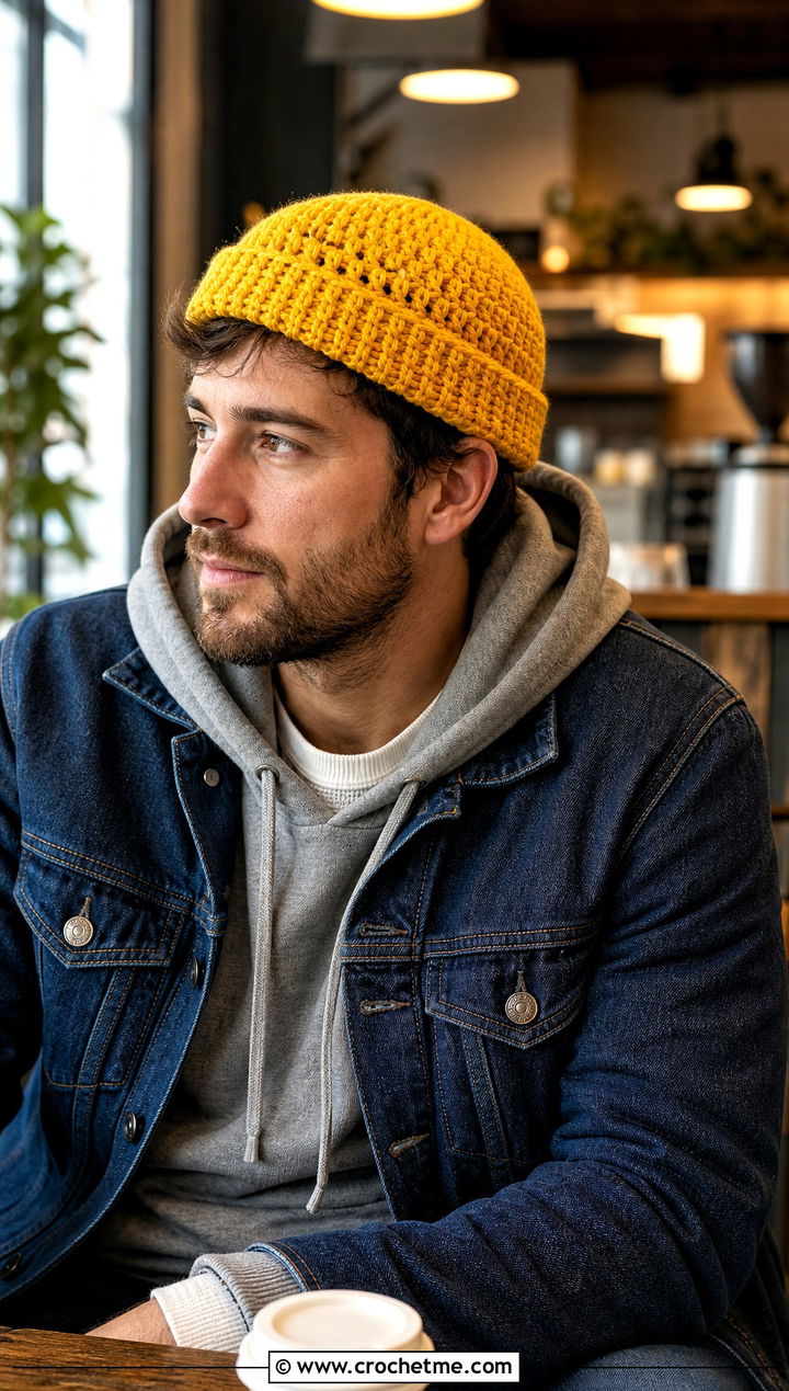Fisherman Crochet Beanie With Denim Jacket - 25 mens winter crochet hats outfit ideas