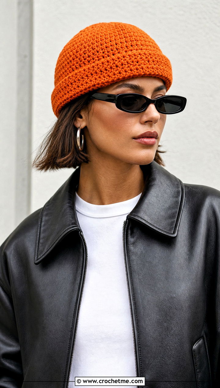 Fisherman Crochet Beanie With Leather Jacket - 30 winter crochet beanie outfit ideas