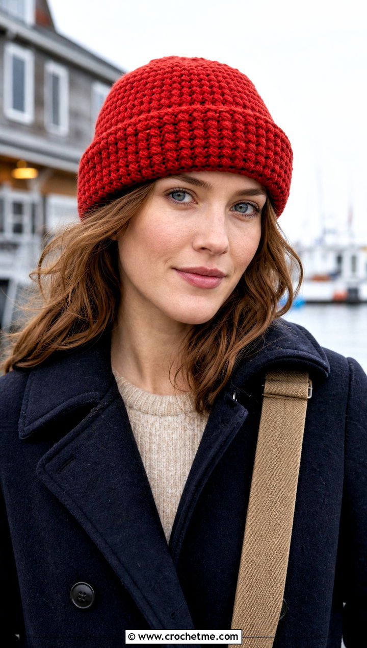 Fisherman Crochet Beanie With Pea Coat And Utility Pants - 25 winter crochet hat for women outfit ideas