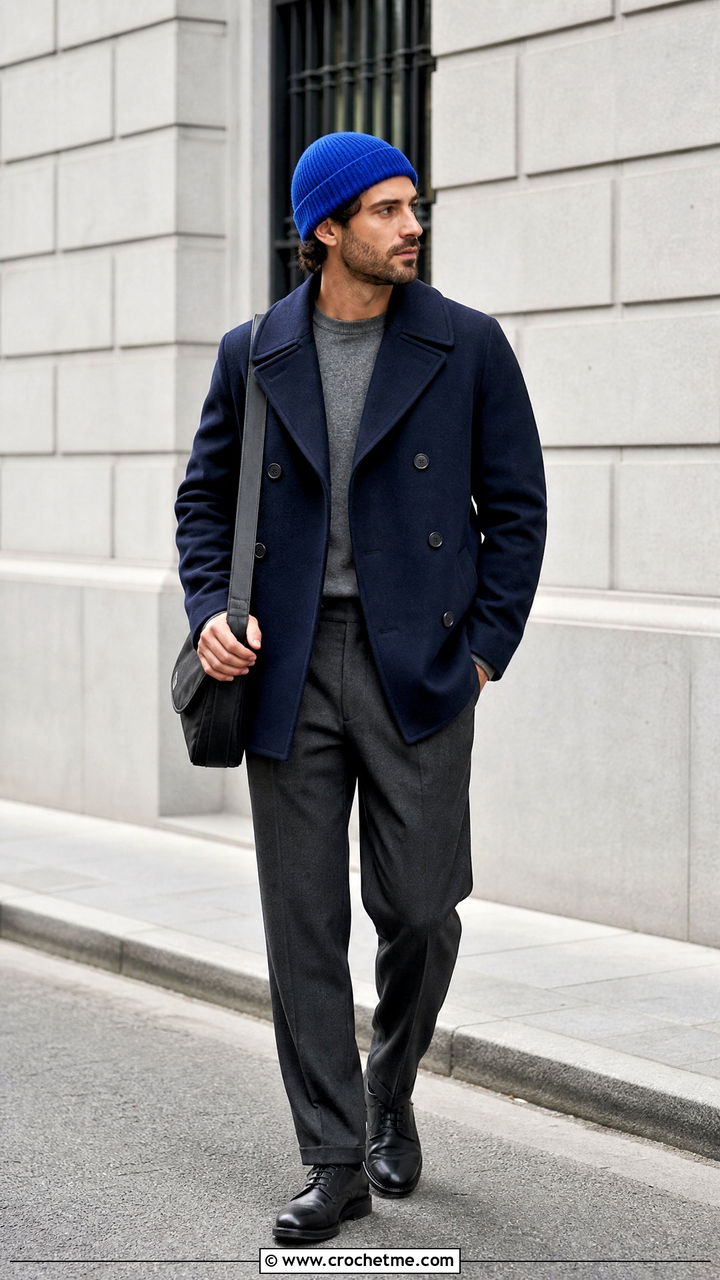 Fisherman Crochet Beanie With Peacoat - 35 crochet cap for men outfit ideas