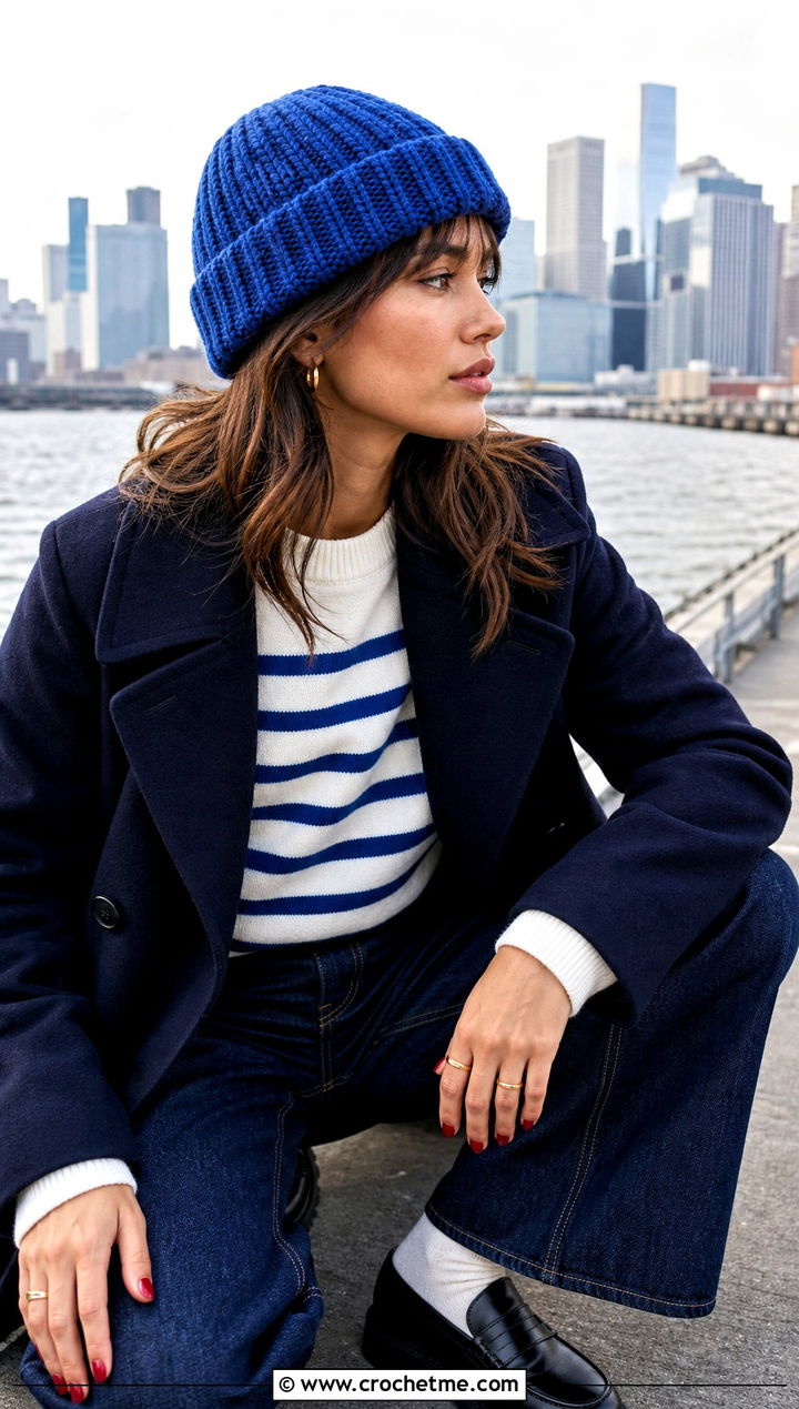 Fisherman Crochet Beanie With Peacoat And Barrel Jeans - 30 easy crochet winter hat outfit ideas