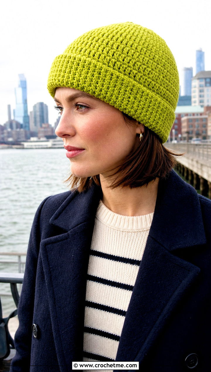 Fisherman Crochet Beanie With Peacoat - 30 winter crochet hats outfit ideas