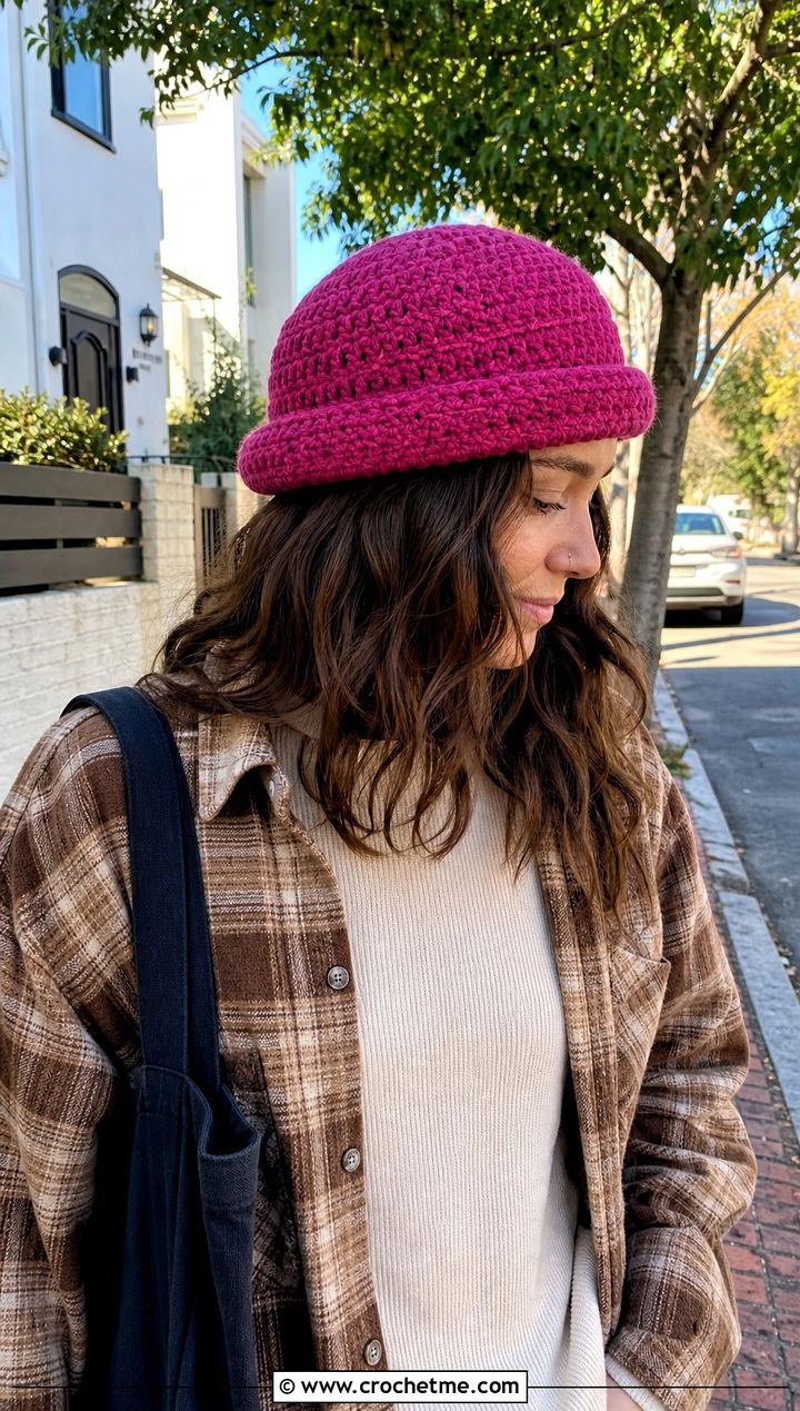 Fisherman Crochet Beanie With Shacket And Carpenter Jeans - 30 beginner crochet hat outfit ideas