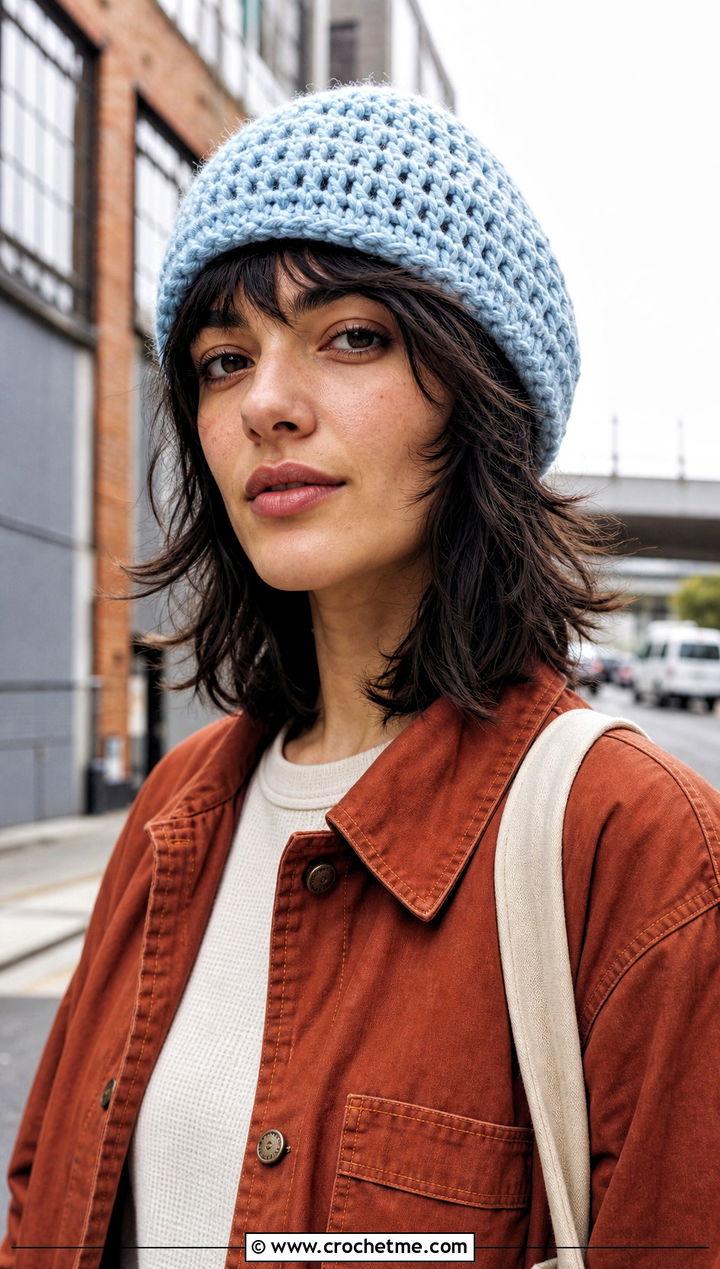Fisherman Crochet Beanie With Shag Hair And Workwear Jacket - 30 crochet hat with hair outfit ideas
