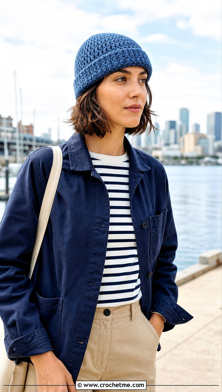 Fisherman Crochet Beanie With Striped Shirt And Chinos - 15 Womens Crochet Beanie outfit ideas