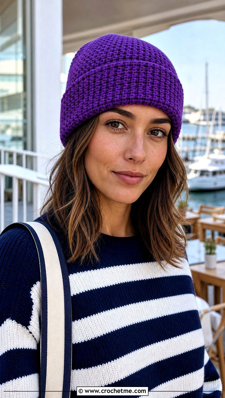 Fisherman Crochet Beanie With Striped Sweater - 25 lakeside crochet beanie outfit ideas