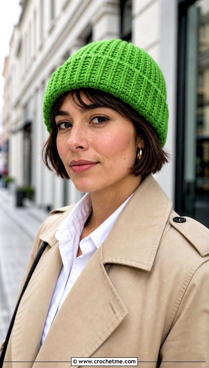 Fisherman Crochet Beanie With Trench Coat - 25 crochet hat for beginners outfit ideas