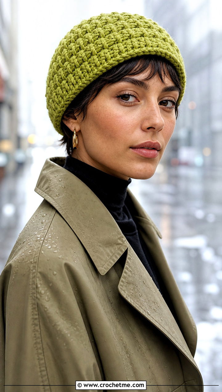 Fisherman Crochet Beanie With Trench Coat - 25 Quick Crochet Hats outfit ideas