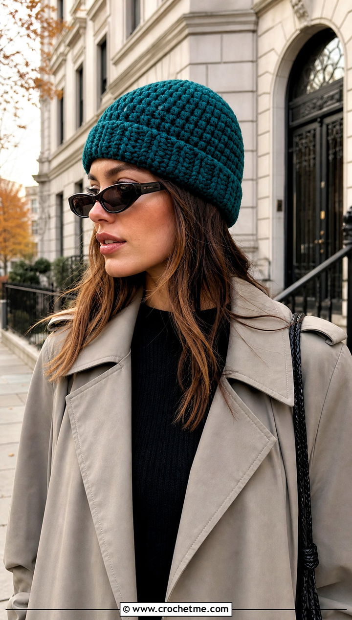 Fisherman Crochet Beanie With Trench Coat And Capris - 25 Fast Crochet Beanie outfit ideas
