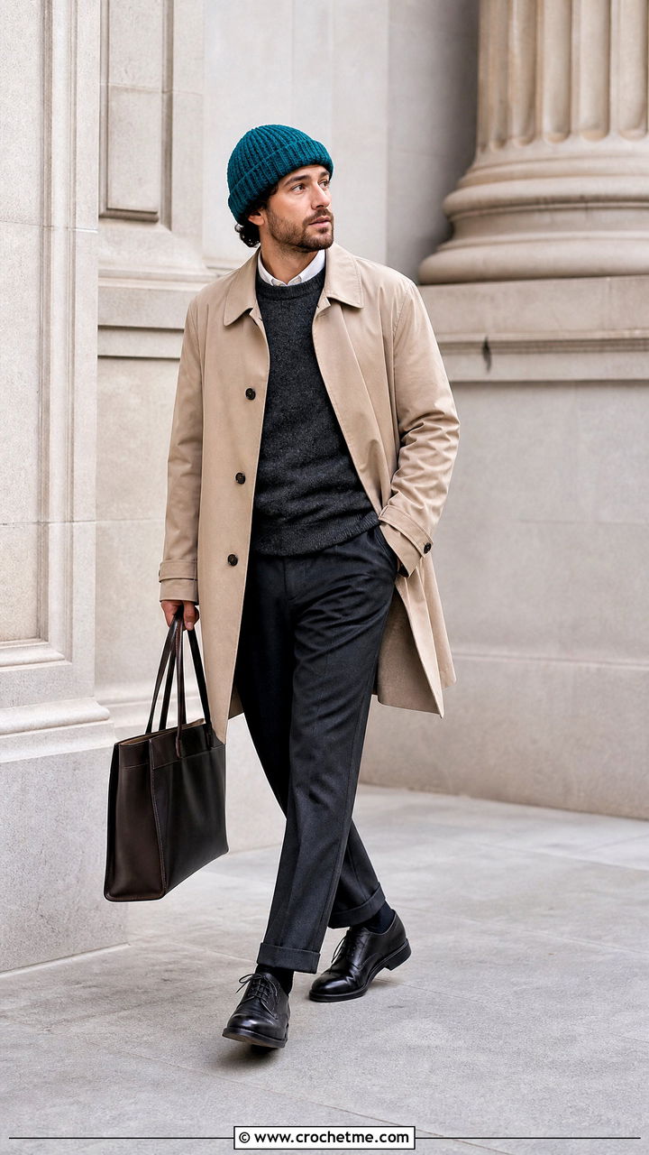 Fisherman Crochet Beanie With Trench Coat And Trousers - 35 crochet hat men outfit ideas