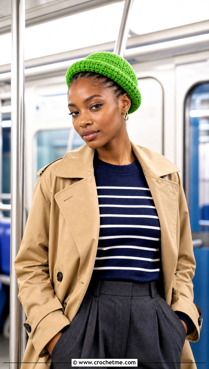 Fisherman Crochet Beanie With Trench Coat - 30 crochet hats black women outfit ideas