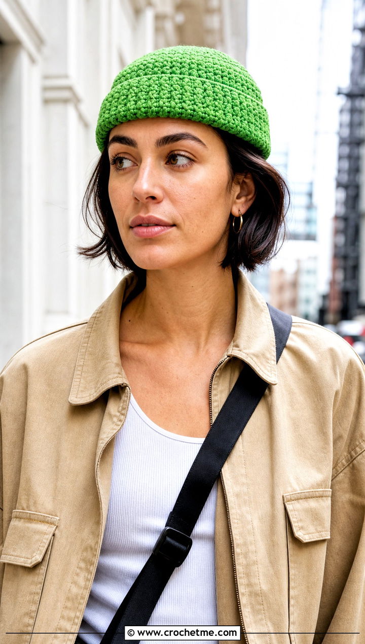 Fisherman Crochet Beanie With Utility Jacket - 25 Cute Crochet Hats outfit ideas