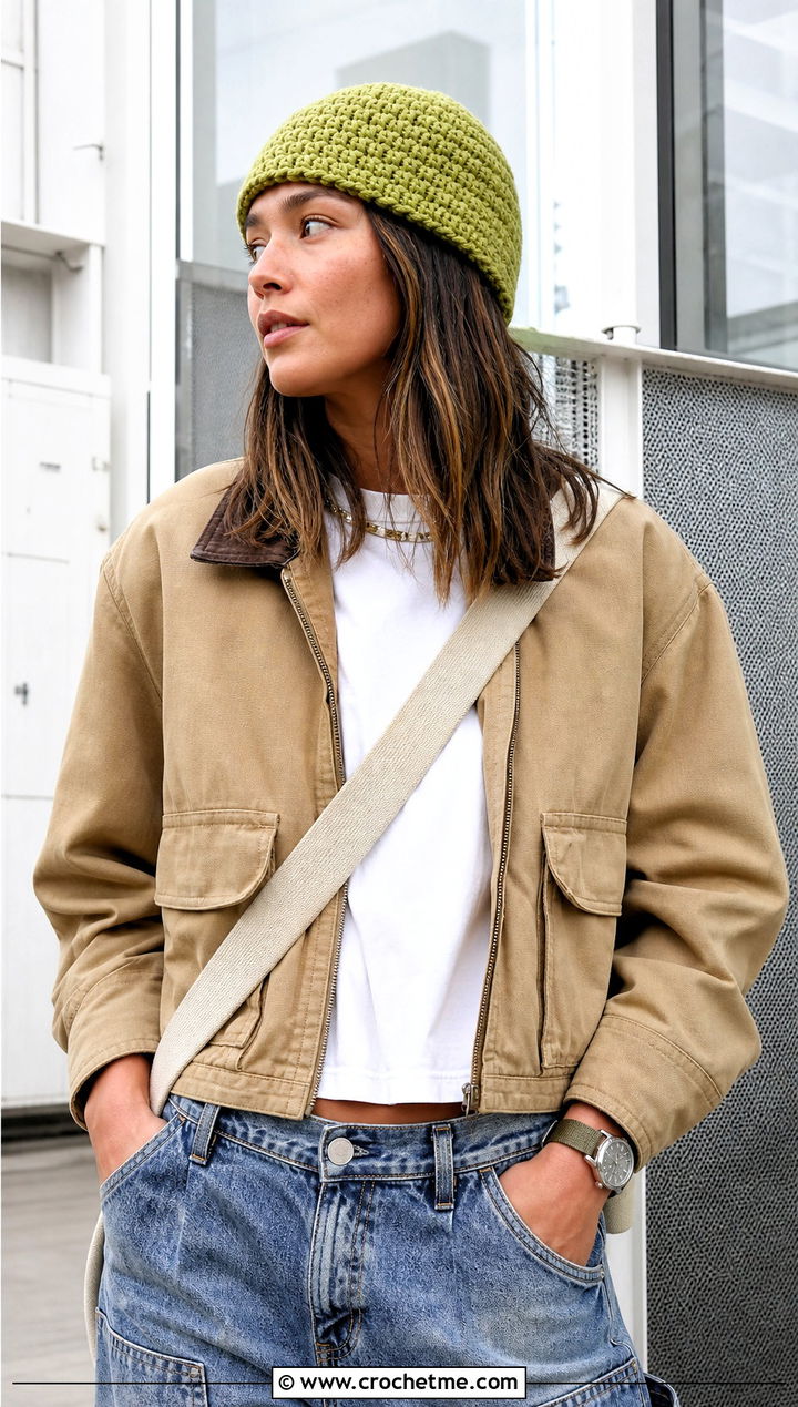 Fisherman Crochet Beanie With Utility Jacket - 30 Crochet Womens Hat outfit ideas