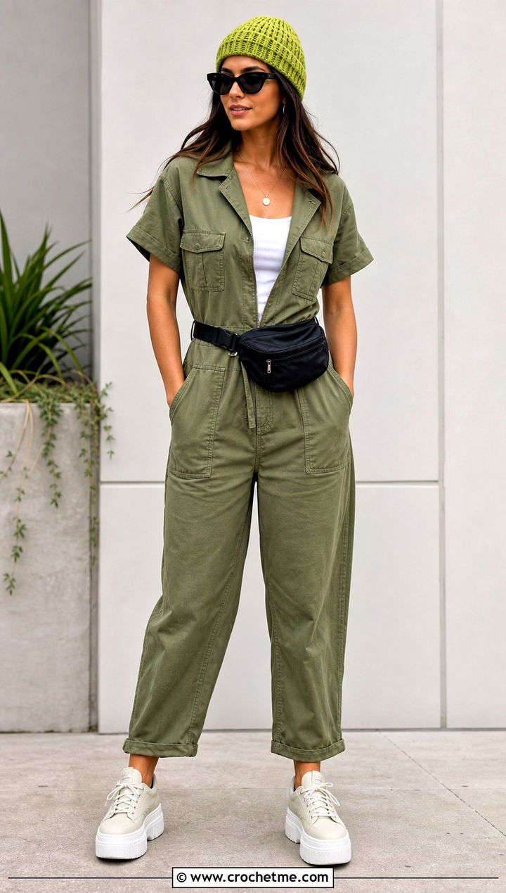 Fisherman Crochet Beanie With Utility Jumpsuit - 35 fun crochet hats outfit ideas