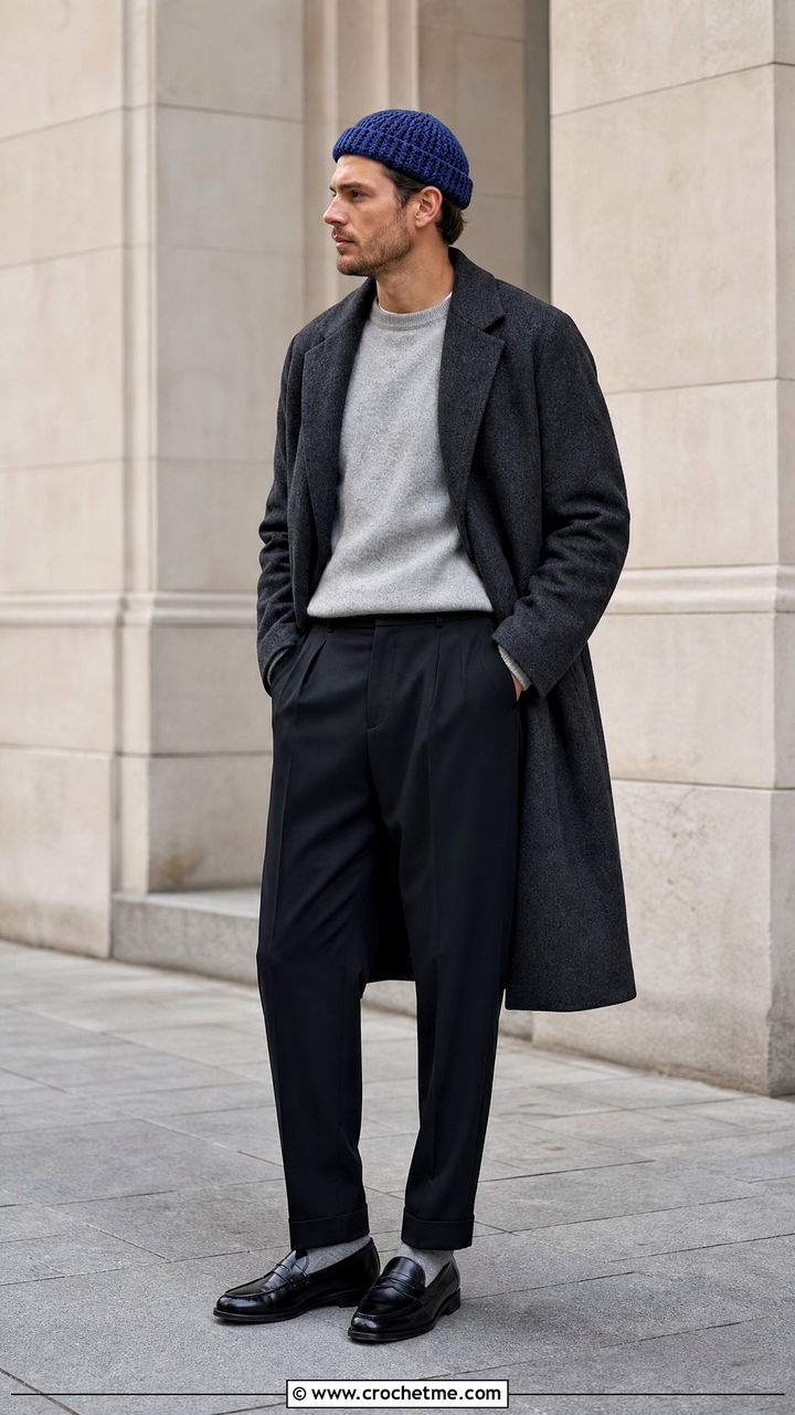 Fisherman Crochet Beanie With Wool Coat And Trousers - 35 crochet beanie for men outfit ideas