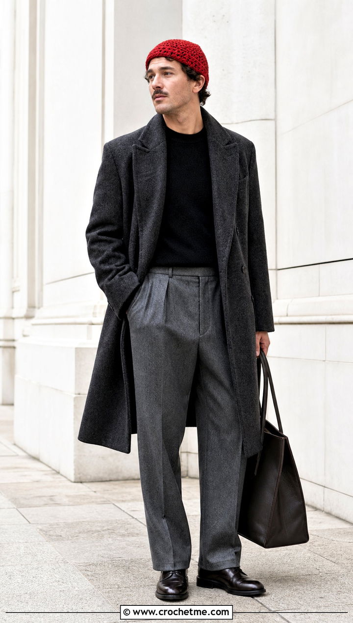 Fisherman Crochet Beanie With Wool Overcoat - 35 Men Crochet Beanie outfit ideas