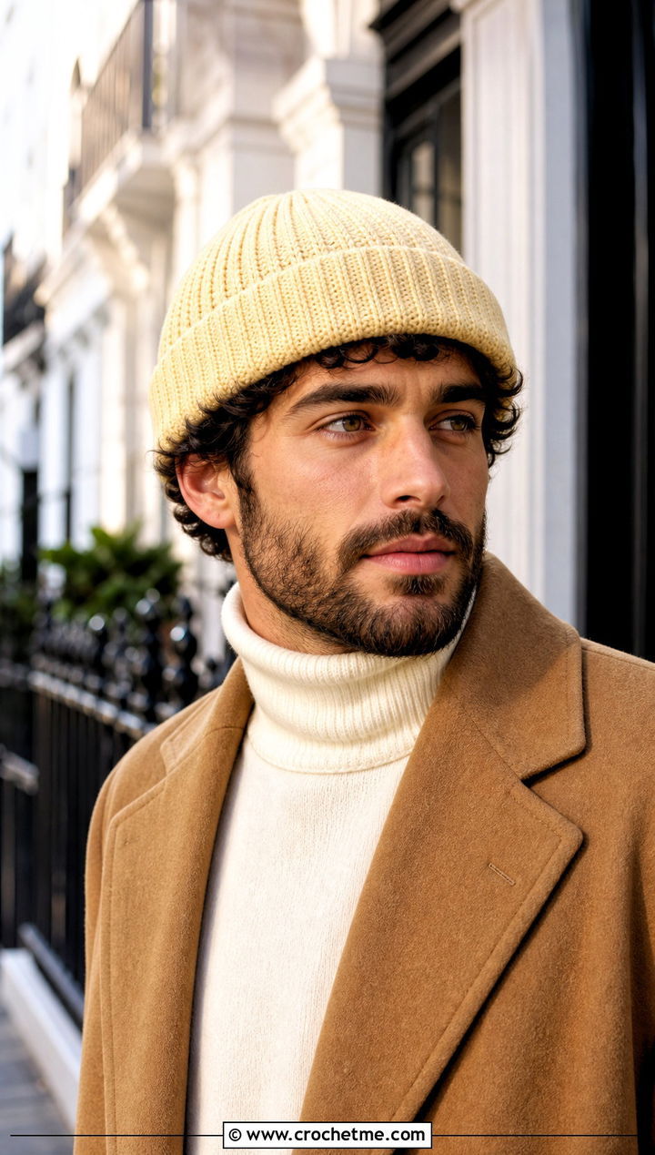 Fisherman Crochet Beanie With Wool Overcoat - 15 Crochet Men's Hats outfit ideas