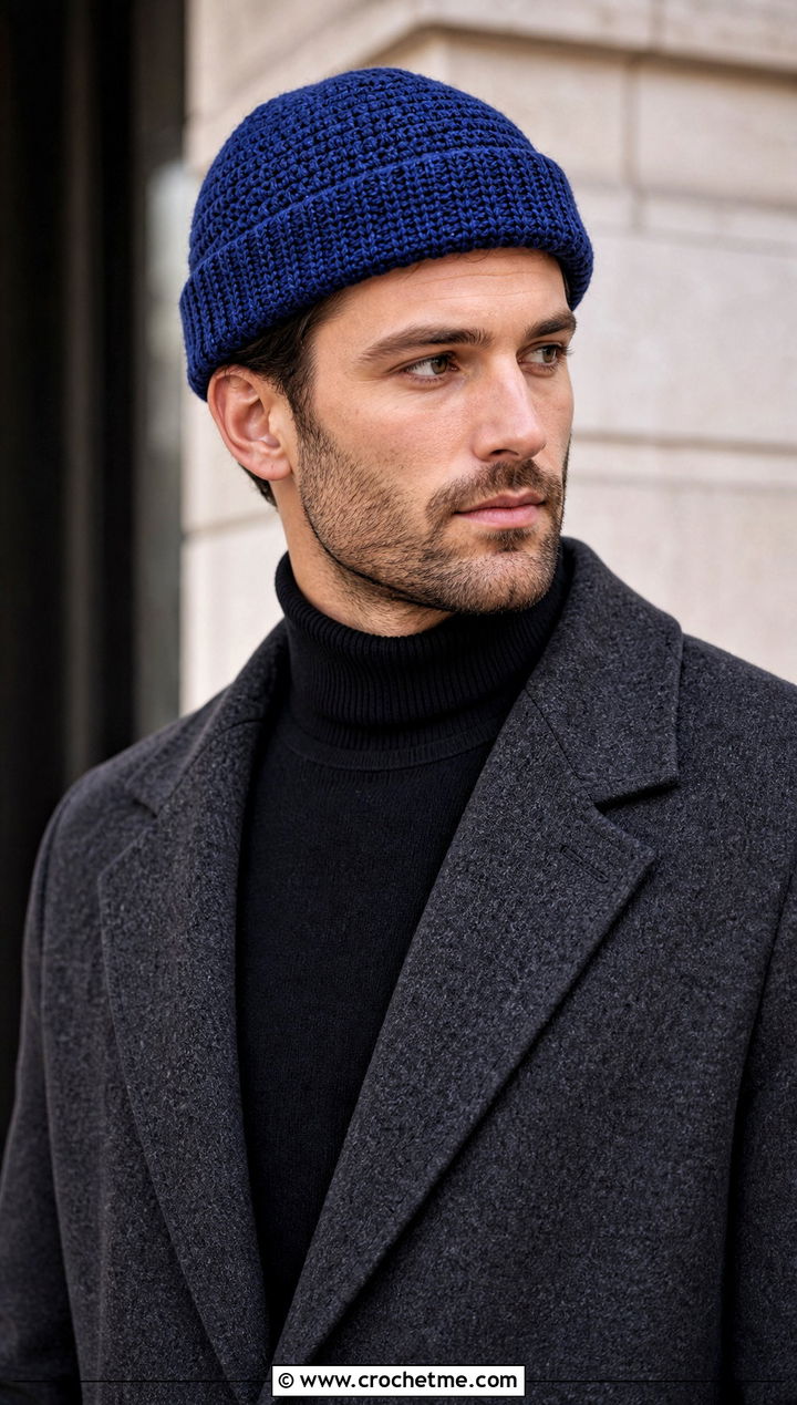 Fisherman Crochet Beanie With Wool Overcoat - 25 crocheted mens hats outfit ideas