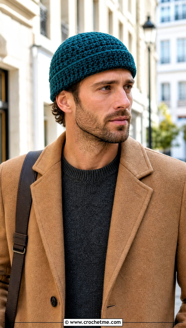 Fisherman Crochet Beanie With Wool Overcoat - 30 mens crochet hats men's beanie outfit ideas